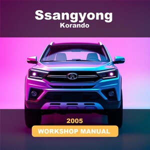 Könnte beinhalten: Eine Frontansicht eines Ssangyong Korando SUV mit eingeschalteten Scheinwerfern vor einem lebendigen violetten und rosafarbenen Hintergrund. Der Text lautet Ssangyong Korando 2005 WORKSHOP MANUAL in weißer und gelber Schrift.