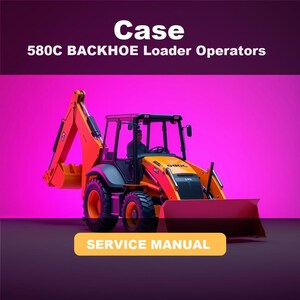 Può includere: Una copertina del manuale di servizio Case 580C Backhoe Loader Operators con un veicolo da costruzione arancione e giallo su uno sfondo rosa vibrante. Il testo Case 580C BACKHOE Loader Operators e SERVICE MANUAL è chiaramente visibile.