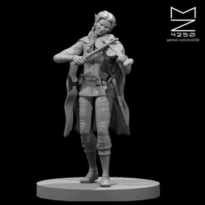 May include: A grayscale figurine of a person playing a violin. The figure is wearing a tunic, leggings, and a cape. The figure is standing on a circular base. The image includes the text "MK 4250 patreon.com/mz4250".