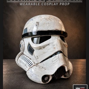 May include: A white Stormtrooper helmet with a weathered, worn finish and hand-painted details. The helmet features a black brow band, dark eye lenses, and side vents. Text on the image reads Stormtrooper-Worn, WEARABLE COSPLAY PROP, and Hand-Painted.