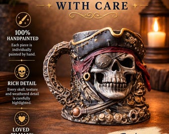 Pirate Skull Mug Planter, Hand-Painted Gothic Desk Decor