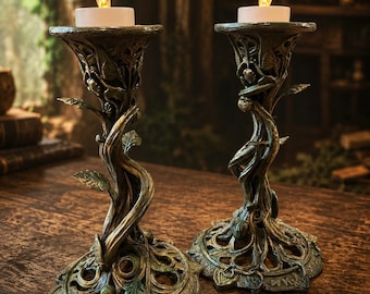 Hand-Painted Fantasy Candle Holders, Oxidized Copper Woodland Decor, Set of 2