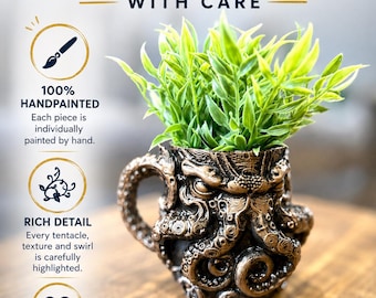 Octopus Tentacle Mug Planter, Bronze Kraken Nautical Desk Decor