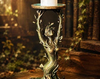 Hand-Painted Forest Goddess Candle Holder, Fantasy Dryad Tree Woman, Woodland LED Tea Light Decor