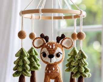 Woodland Deer Crochet Baby Mobile, Forest Nursery Decor, Natural Yarn Crib Decoration