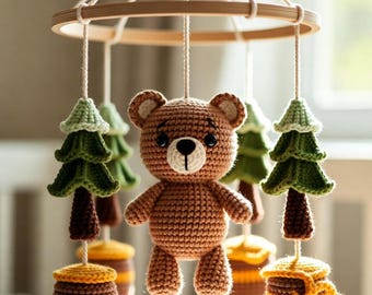 Crochet Woodland Mobile – Teddy Bear, Pine Trees, Honeycomb Nursery Decor