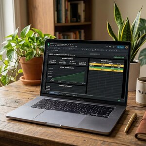 Peut inclure: Un ordinateur portable affiche un tableau de bord financier sur un bureau en bois, à côté d'une tasse à café avec le mot "Freelancer". Un carnet en cuir, un stylo et des plantes en pot complètent l'espace de travail. L'écran de l'ordinateur affiche des données financières et des graphiques.