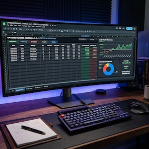 May include: A computer monitor displays a trading journal interface with data visualizations. A keyboard, mouse, notepad, and coffee mug are on the wooden desk. The screen shows charts and financial data, with the text "OPTIONS TRADING JOURNAL V3.2 - PORTFOLIO OVERVIEW".