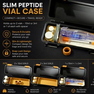 May include: A black slim peptide vial case with orange snap locks. The interior features a gold-colored insert designed to hold two 10ml or 3ml vials, or one of each with an included orange spacer. The case is compact, durable, and travel-ready.