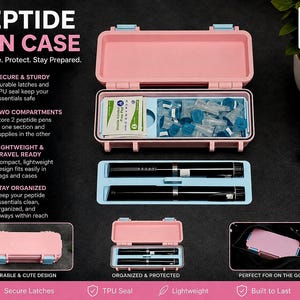 May include: A light pink rectangular peptide pen case with light blue latches. The case features two internal compartments, one containing a sterile alcohol prep pad and multiple needle tips, and the other holding two black peptide pens.