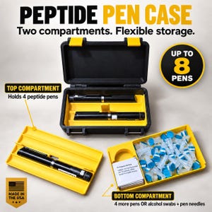 May include: A black and yellow peptide pen case with two compartments. The open case holds two black pens. A separate yellow tray holds one pen, while another tray contains a stack of pads and many small blue and white pen needles.
