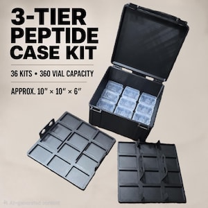 May include: A black 3-tier peptide case kit with 36 kits and 360 vial capacity. The case measures approximately 10 inches by 10 inches by 6 inches. It includes a main container with clear internal compartments and two removable black dividers.