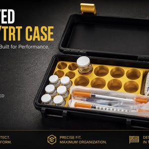 May include: A black rectangular storage case with yellow latches and a yellow 3D printed insert. The case contains several small glass vials with white caps, two orange-capped syringes, and a stack of small packets. Text reads 3D PRINTED PEPTIDE/TRT CASE.