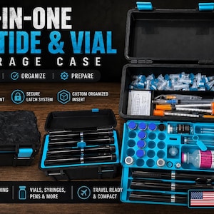 May include: A black, water-resistant, hard-shell storage case with bright blue latches and interior inserts. The case is designed to organize and protect medical vials, syringes, and pens, featuring a custom-molded tray for secure storage.