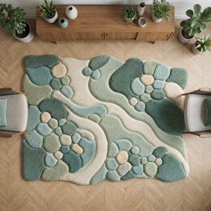 May include: Overhead shot of a large, abstract rug with a pebble design. The rug has a mix of green, blue, and beige colours, creating a textured, organic pattern. It's placed on a light wood floor, with furniture and plants in the background.