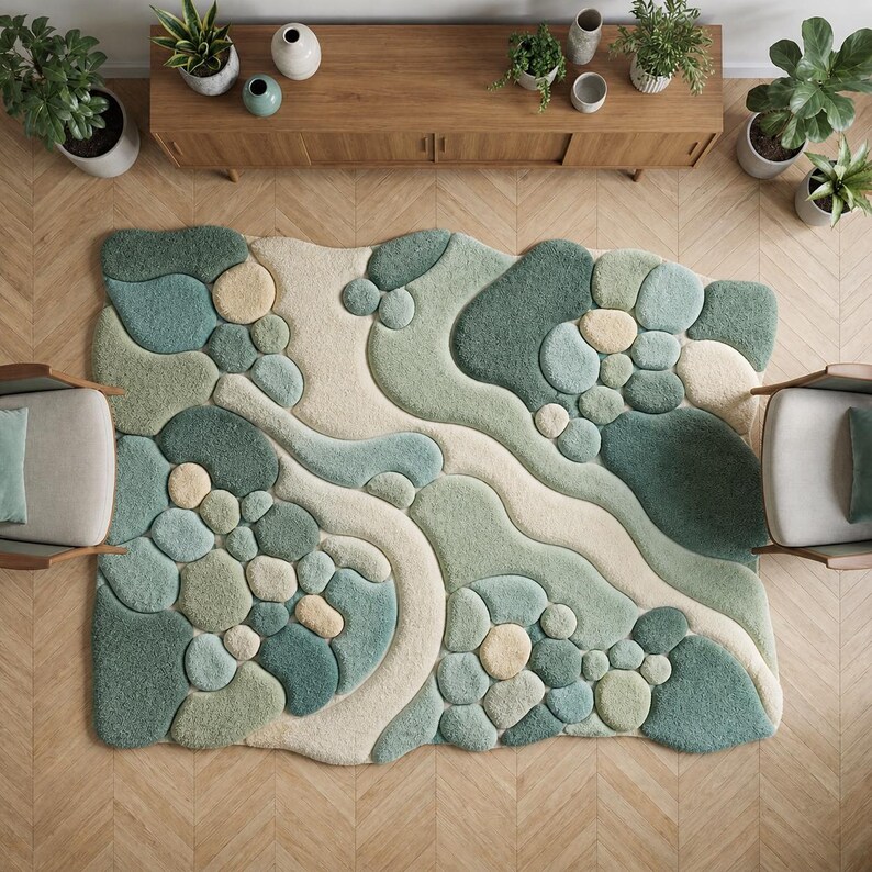 May include: Overhead shot of a large, abstract rug with a pebble design. The rug has a mix of green, blue, and beige colours, creating a textured, organic pattern. It's placed on a light wood floor, with furniture and plants in the background.