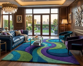 Luxury Modern Abstract Area Rug, Blue Green Purple Rug, Contemporary Wave Carpet 6X9 8x10