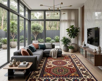 Luxury vintage tribal rug styled in contemporary minimalist living room Rug 5x8 6X9