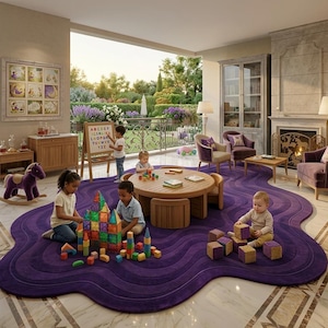 May include: A room with children playing on a large, wavy, purple rug. Children are building with colorful blocks and playing at a round wooden table. A rocking horse and a framed picture are also in the room.