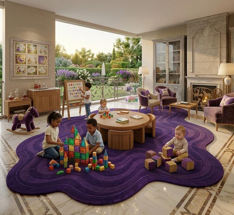 May include: A room with children playing on a large, wavy, purple rug. Children are building with colorful blocks and playing at a round wooden table. A rocking horse and a framed picture are also in the room.