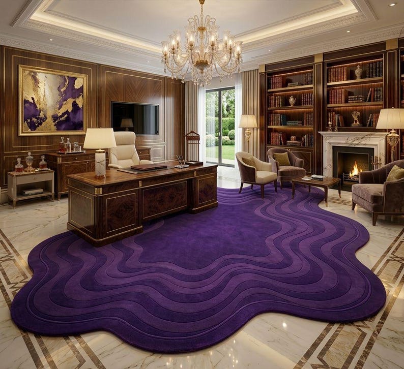 May include: A luxurious home office featuring a large, dark wood desk with gold trim, a white leather chair, and a vibrant purple, wave-patterned rug. The room includes a fireplace, bookshelves, and a crystal chandelier.