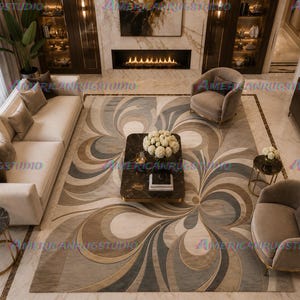 May include: An overhead view of a modern living room featuring a large area rug with a swirling, abstract design in shades of gray, beige, and gold. The room includes a beige sectional sofa, two armchairs, and a dark marble coffee table.
