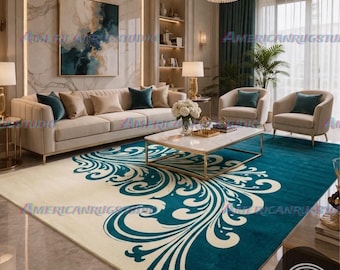 Alfombra de lujo con estampado floral abstracto en tonos verde azulado y crema – Alfombra moderna de lujo 6x9 8x10