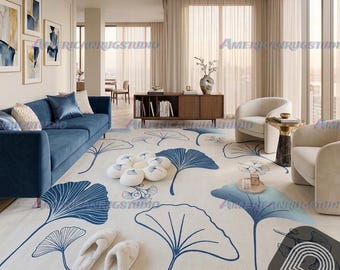 Luxury Large Modern Ginkgo Leaf Rug, Blue Botanical Area Rug Carpet, 6x9 8x10