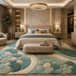 May include: A luxurious bedroom with a large bed, beige headboard, and a patterned rug in shades of blue and green. A matching bench sits at the foot of the bed. The room is decorated in neutral tones and has a large window.