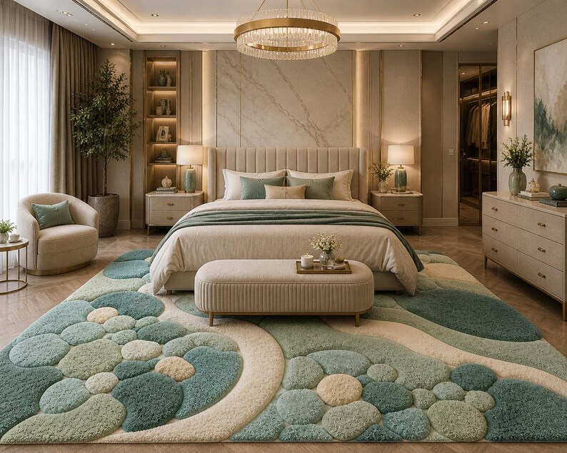 May include: A luxurious bedroom with a large bed, beige headboard, and a patterned rug in shades of blue and green. A matching bench sits at the foot of the bed. The room is decorated in neutral tones and has a large window.