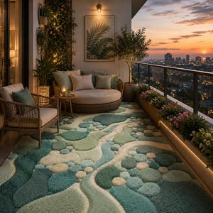 May include: A balcony setting with a round sofa, wicker chairs, and a distinctive rug with a river design in green and blue hues. The balcony offers a view of a city skyline at sunset, complemented by plants and flowers, creating a relaxing atmosphere.