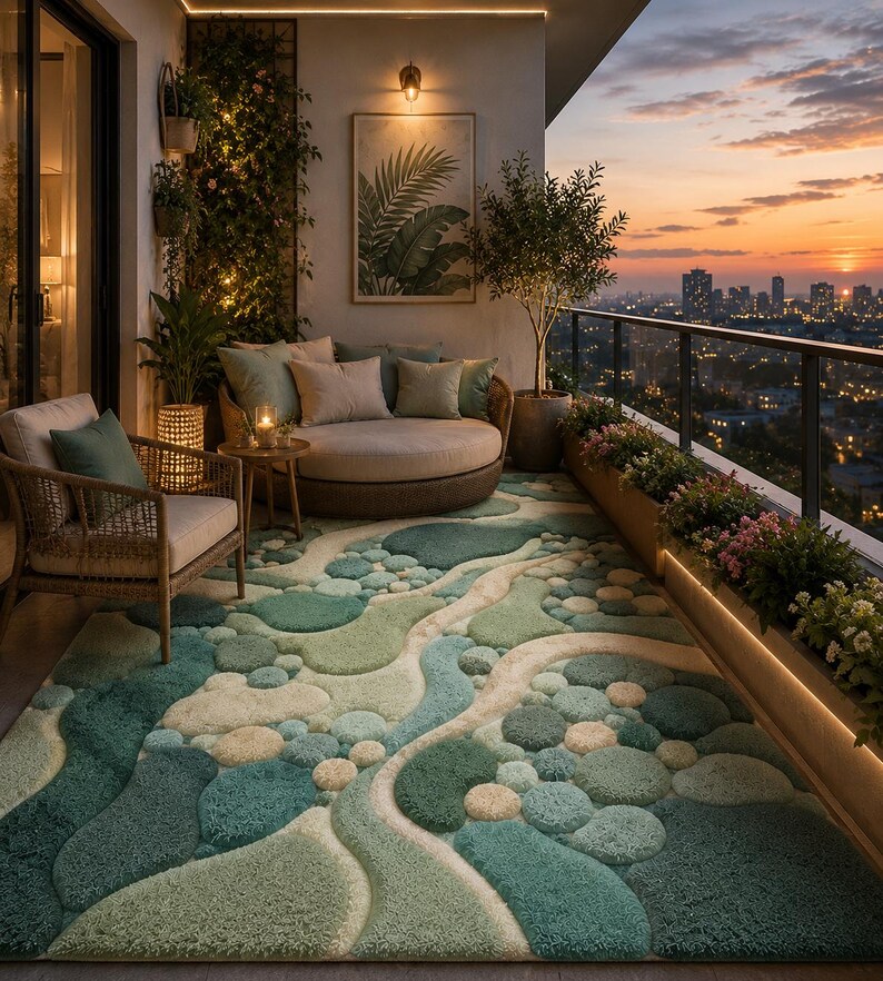 May include: A balcony setting with a round sofa, wicker chairs, and a distinctive rug with a river design in green and blue hues. The balcony offers a view of a city skyline at sunset, complemented by plants and flowers, creating a relaxing atmosphere.