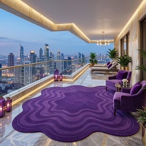 May include: A luxurious balcony with a city view features a large, wavy purple rug, two purple armchairs, and a small table. Decorative lanterns and plants add to the ambiance. The balcony has a glass railing and a view of the city skyline.