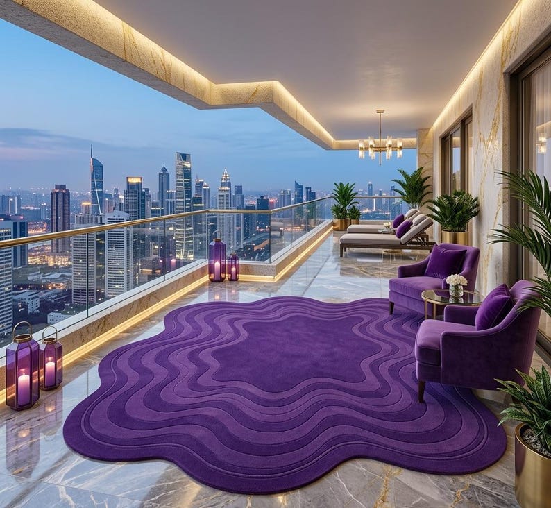 May include: A luxurious balcony with a city view features a large, wavy purple rug, two purple armchairs, and a small table. Decorative lanterns and plants add to the ambiance. The balcony has a glass railing and a view of the city skyline.