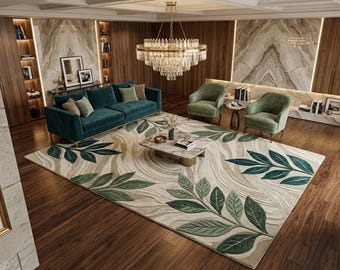 Modern botanical leaf area rug with green tropical leaves on beige abstract background.