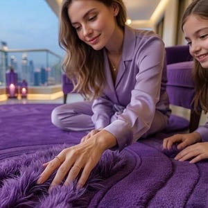 May include: A plush, round, purple rug with a textured, shaggy surface. The rug is the focal point, with a woman and a child in matching purple pajamas interacting with it. The scene is indoors, with a view of a cityscape visible through a window.