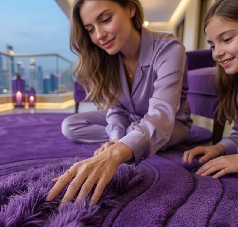 May include: A plush, round, purple rug with a textured, shaggy surface. The rug is the focal point, with a woman and a child in matching purple pajamas interacting with it. The scene is indoors, with a view of a cityscape visible through a window.