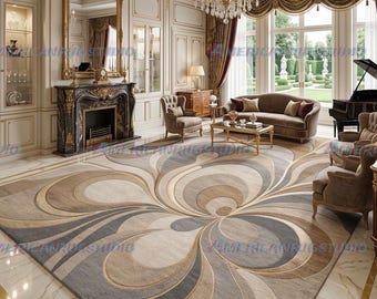 Luxury Modern Abstract Area Rug, Beige Grey Swirl Pattern Rug 5X8 6X9 8X10