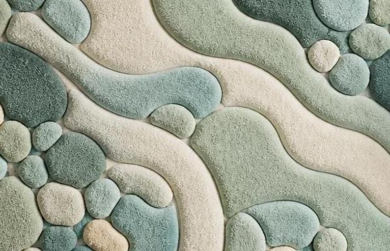 May include: Close-up of a textured rug with a pattern of organic shapes in shades of green, blue, and cream. The rug's design features rounded, flowing forms, creating a soft, tactile appearance. A decorative home decor item.