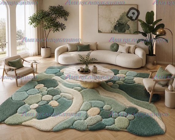 Luxury Organic Shape Rug, Abstract Pebble Design Carpet Sage Green Area Rug, 6x9 8x10