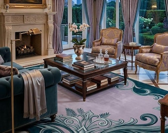 Luksusowy dywan w kolorze turkusowym z motywem kwiatowym i eleganckim wiktoriańskim wzorem w formie lamówki. Dywan 5x8 6x9