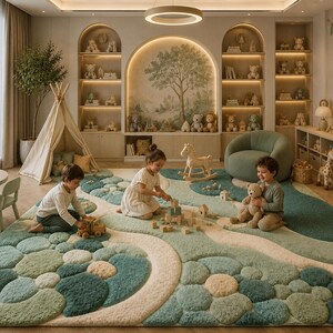 May include: A children's playroom with a large, textured rug in shades of green, blue, and beige. The room features a teepee, shelves filled with toys, and children playing with blocks and a toy truck. A plush, green armchair is in the background.