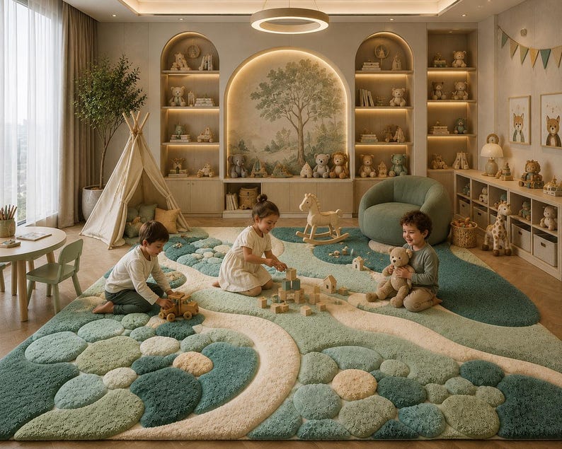 May include: A children's playroom with a large, textured rug in shades of green, blue, and beige. The room features a teepee, shelves filled with toys, and children playing with blocks and a toy truck. A plush, green armchair is in the background.
