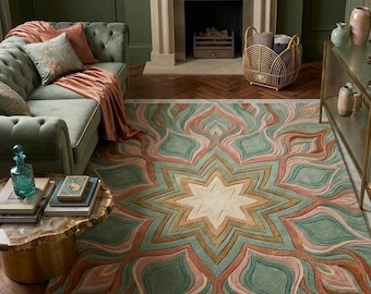 Luxury Hand Tufted Boho Area Rug, Sage Green Pink Floral Rug, Modern Mandala Carpet