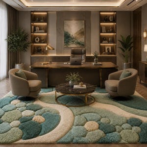 May include: An office interior with a large wooden desk, two swivel chairs, and a round coffee table. A colourful rug with a pebble design covers the floor. The room is decorated with plants, artwork, and built-in shelves.