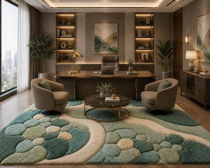 May include: An office interior with a large wooden desk, two swivel chairs, and a round coffee table. A colourful rug with a pebble design covers the floor. The room is decorated with plants, artwork, and built-in shelves.