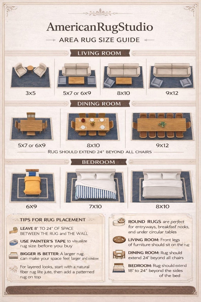 May include: An area rug size guide from American Rug Studio. The guide shows recommended rug sizes for living rooms, dining rooms, and bedrooms. Sizes include 3x5, 5x7, 6x9, 8x10, and 9x12 feet. Tips for rug placement are also included.