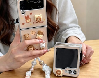 Funda para teléfono con diseño de oso 3D y cadena para la serie Samsung Galaxy Z Flip