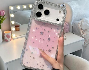 Funda para iPhone con orejas de gato brillantes / Funda protectora con estrella de diamantes de imitación para iPhone 15-17 Pro Max