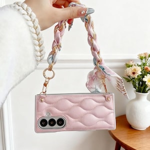 Leather Wave Design Case for Samsung Galaxy Z Fold 7 6 5 | Cover with Silk Scarf Chain